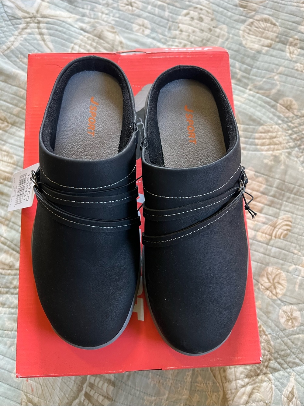J Sport Black Slip-On Mule with Stitch-Trim Straps